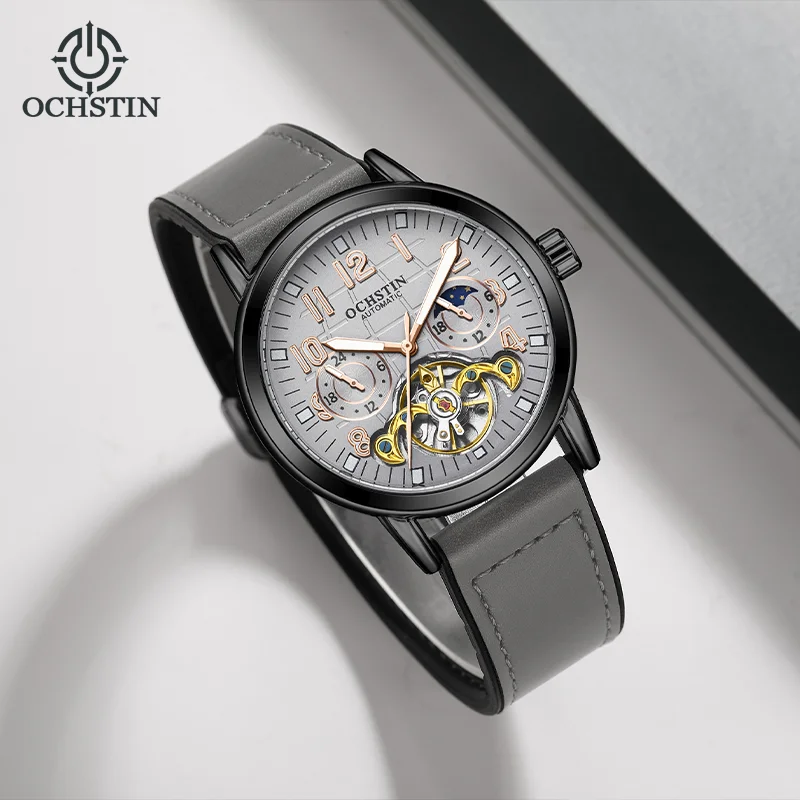OCHSTIN New Man Luminous Hands Clock Leather-Wrapped Rubber Strap Watch Master Series Mens Skeleton Mechanical Watches For Male