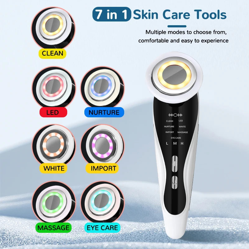 เครื่องนวดหน้า EMS พร้อมการสั่นสะเทือน, การประคบร้อน, เครื่องมือเสริมความงามบนใบหน้า, อุปกรณ์ดูแลผิว, การบำบัดด้วยแสง LED, 7 in 1