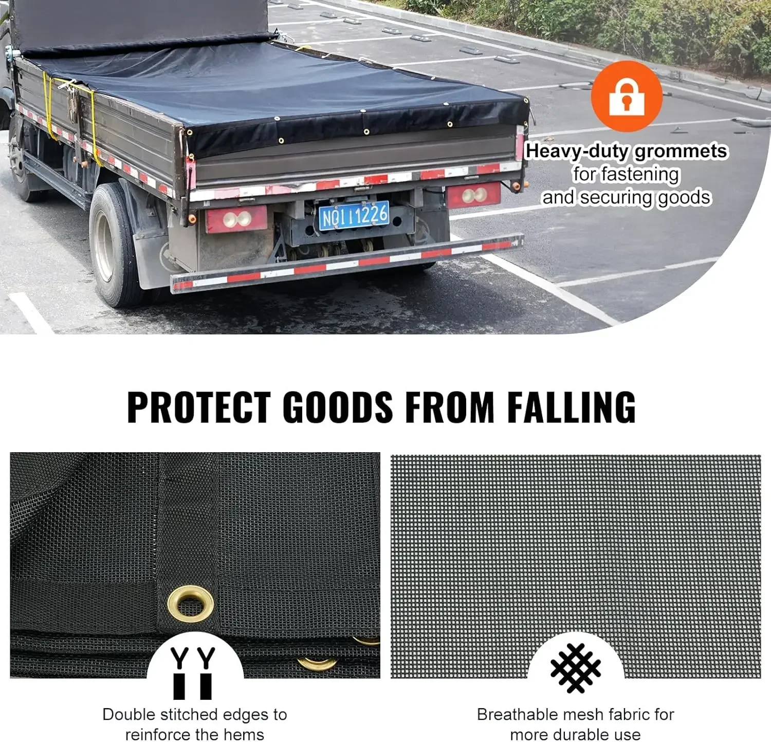 Dump Truck Mesh Tarp, 7.5x18 ft, PVC Coated Black Heavy Duty Cover with 5.5" 18oz Double Pocket