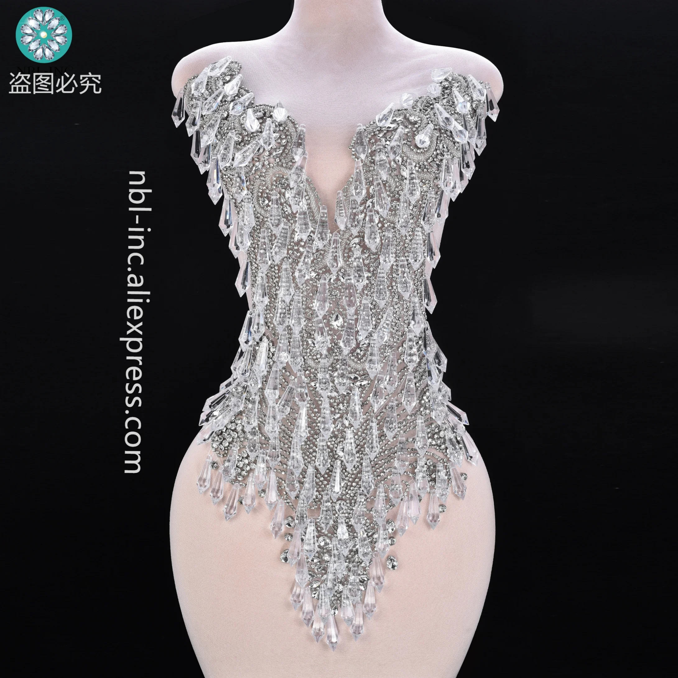 

（1PC) Luxury silver crystal rhinestone bodice applique patch for the prom evening wedding dress WDD1400