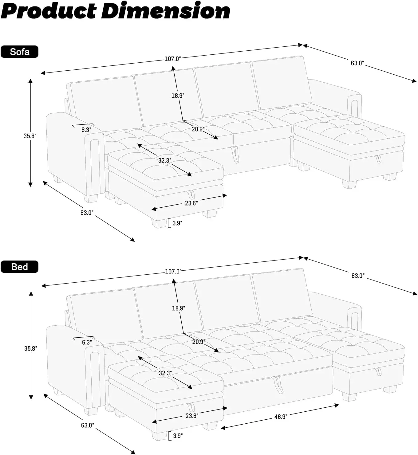 Modular Sectional Sleeper Sofa with Pull Out Bed Velvet Convertible U Shaped Sectional Sofa Couch with Storage Chaises Grey