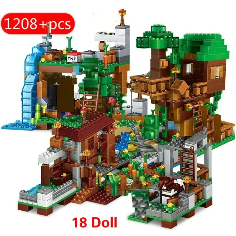 Hot Toys My World Bricks Set Mine Farm Mountain Cave Waterfall Village Jungle Tree House Figures City Building Blocks Toys