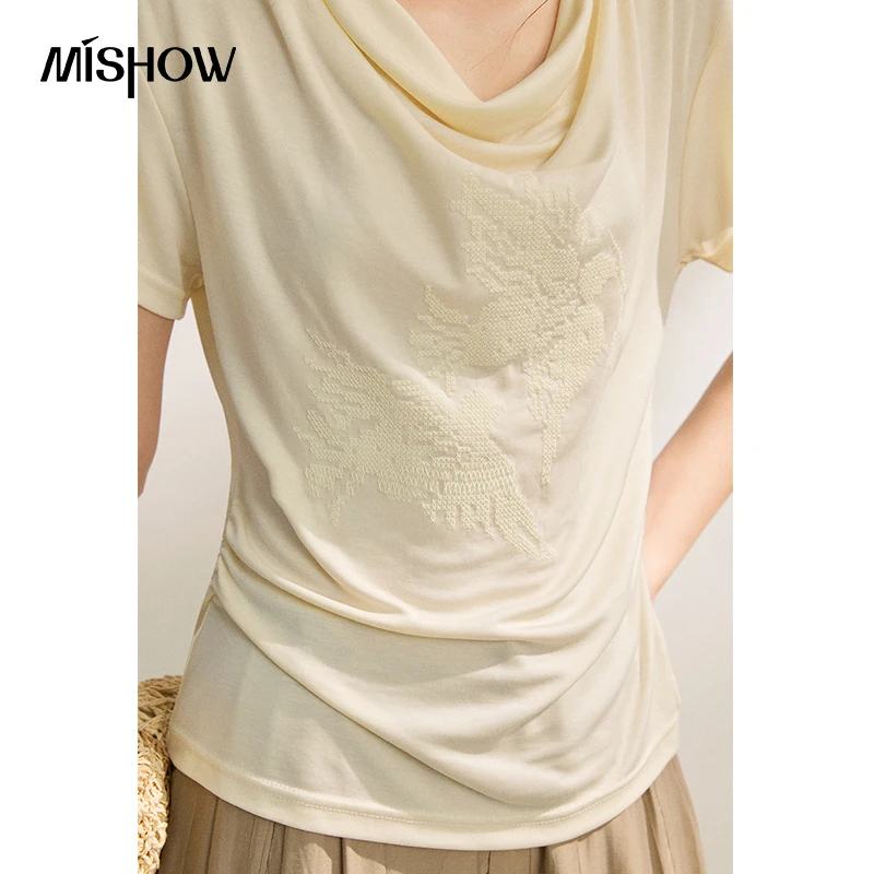 MISHOW New 100% Lyocell Cowl Neck Embroidery T-Shirt 2026 Summer Side Pleated Design Relaxed Gentle Short-Sleeve Top MXF22T1550