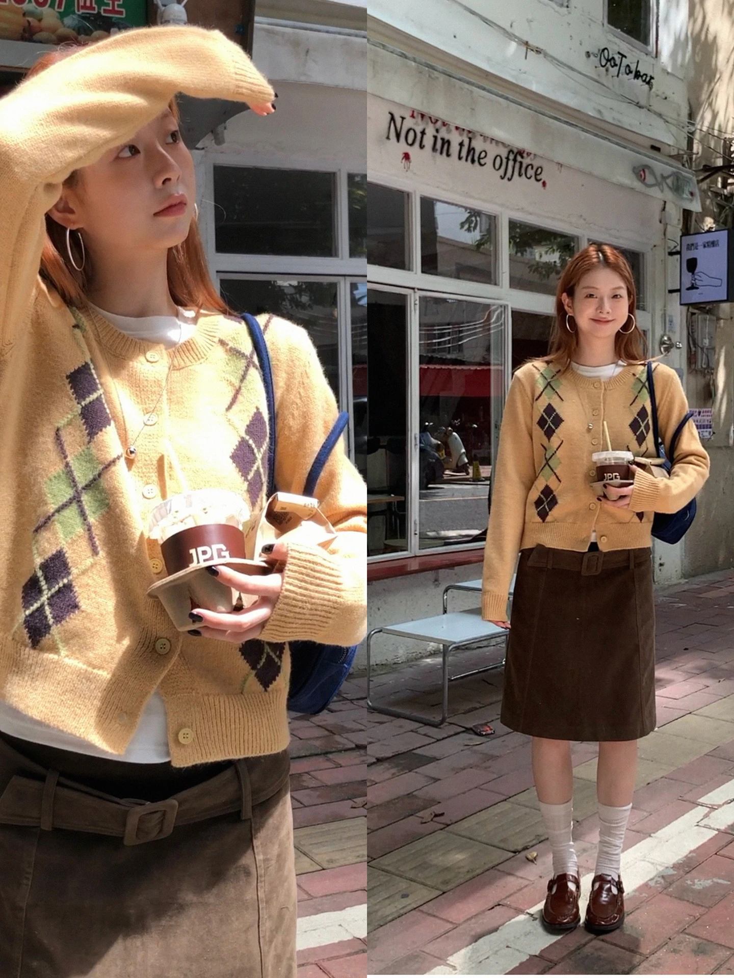 เสื้อคาร์ดิแกนถักสีเหลืองแบบเปิดสำหรับผู้หญิง แขนยาว สไตล์เกาหลี ลายเพชร แฟชั่นฤดูใบไม้ร่วง เหมาะสำหรับใส่ไปทำงาน...