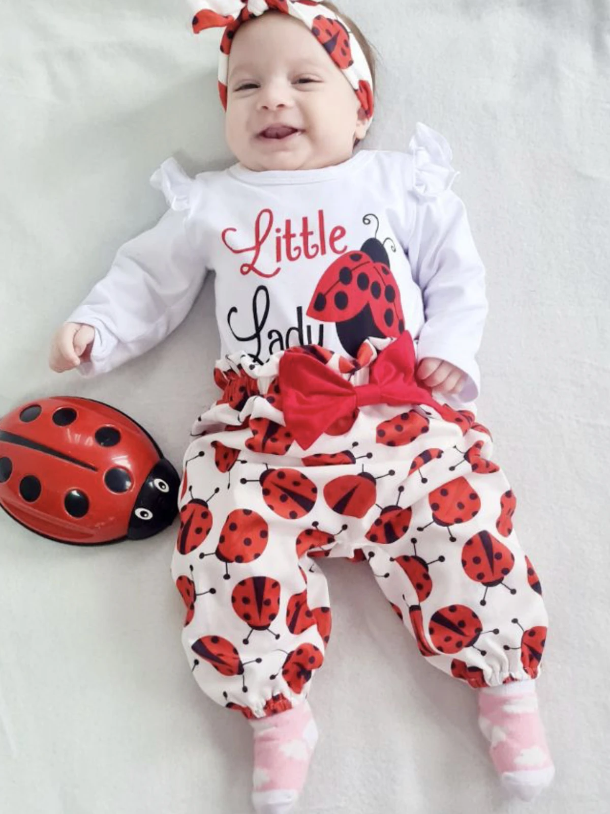 Cute Newborn Infant Girls Baby Clothes Set Cotton insect Pattern Romper Bodysuit Top and Pants Bow Headband Long Sleeve Outfit