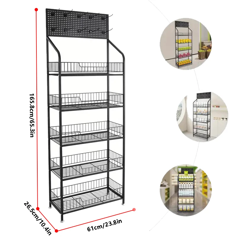 Five-Tier Snack Display Rack, 65.3H'‘ x 23.8W’' x 10.4D'', with Universal Casters For fruits, vegetables, towel baskets, stalls,