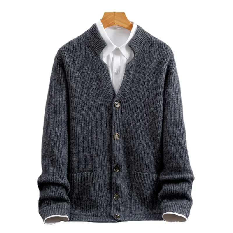 Nwe Arrival Fashion Autumn Winter 100% Cashmere Cardigan Men's Solid Knitted Thickened Sweater Coat Size S M LXL2XL3XL4XL5XL 6XL