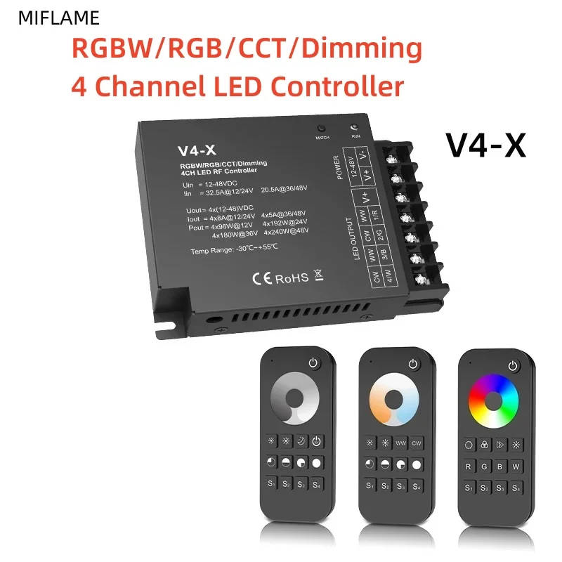 

4CH LED Controller V4-X DC12-48V Step-less Dimming 2.4G RF Wireless Remote Control for Single Color CCT RGB RGBW LED Strip Light