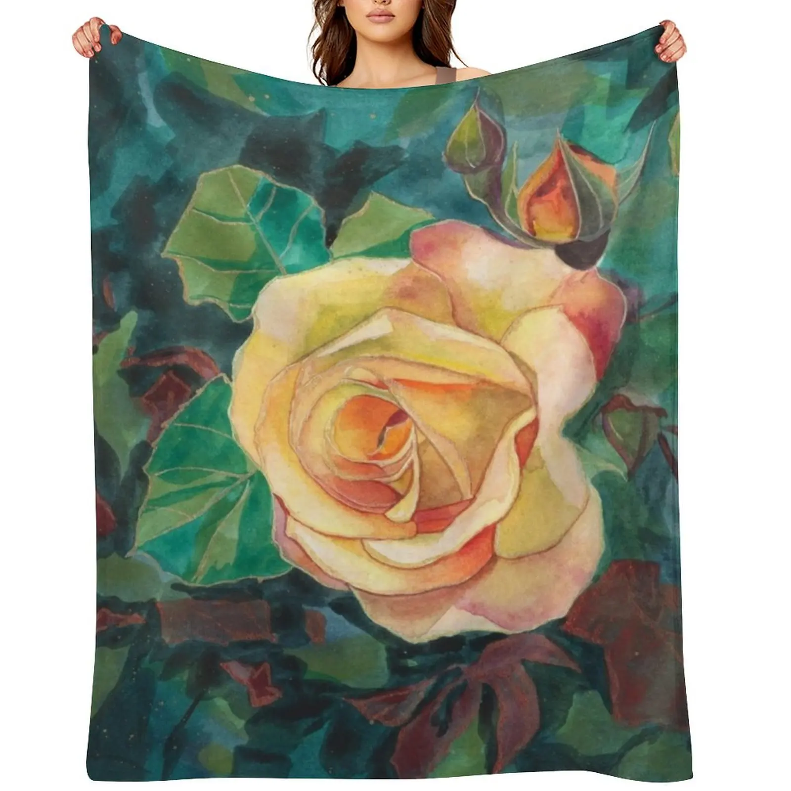 

Rose plant watercolor painting Throw Blanket Flannels Furry Summer Beddings Decorative Throw Blankets