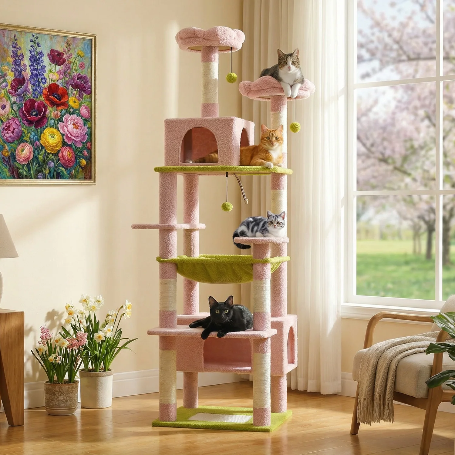 184cm Katzenbaum mit Kratzpfosten & -brett, Hängematte, Mehrstufiger Katzenbaum-Turm mit Katzenhöhle, Geräumiger oberer Liegeplatz, Hängende Bälle für Hauskatzen, Katzenspielzeug