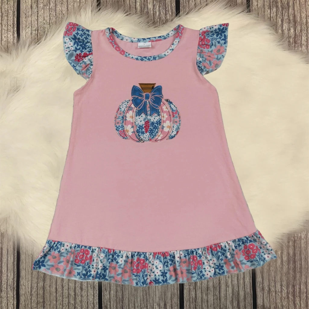 

Infant Toddler Thanksgiving Baby Girl Embroidery Pumpkin Fall Short Sleeves Floral Ruffle Dress Kids Children Clothes Wholesale