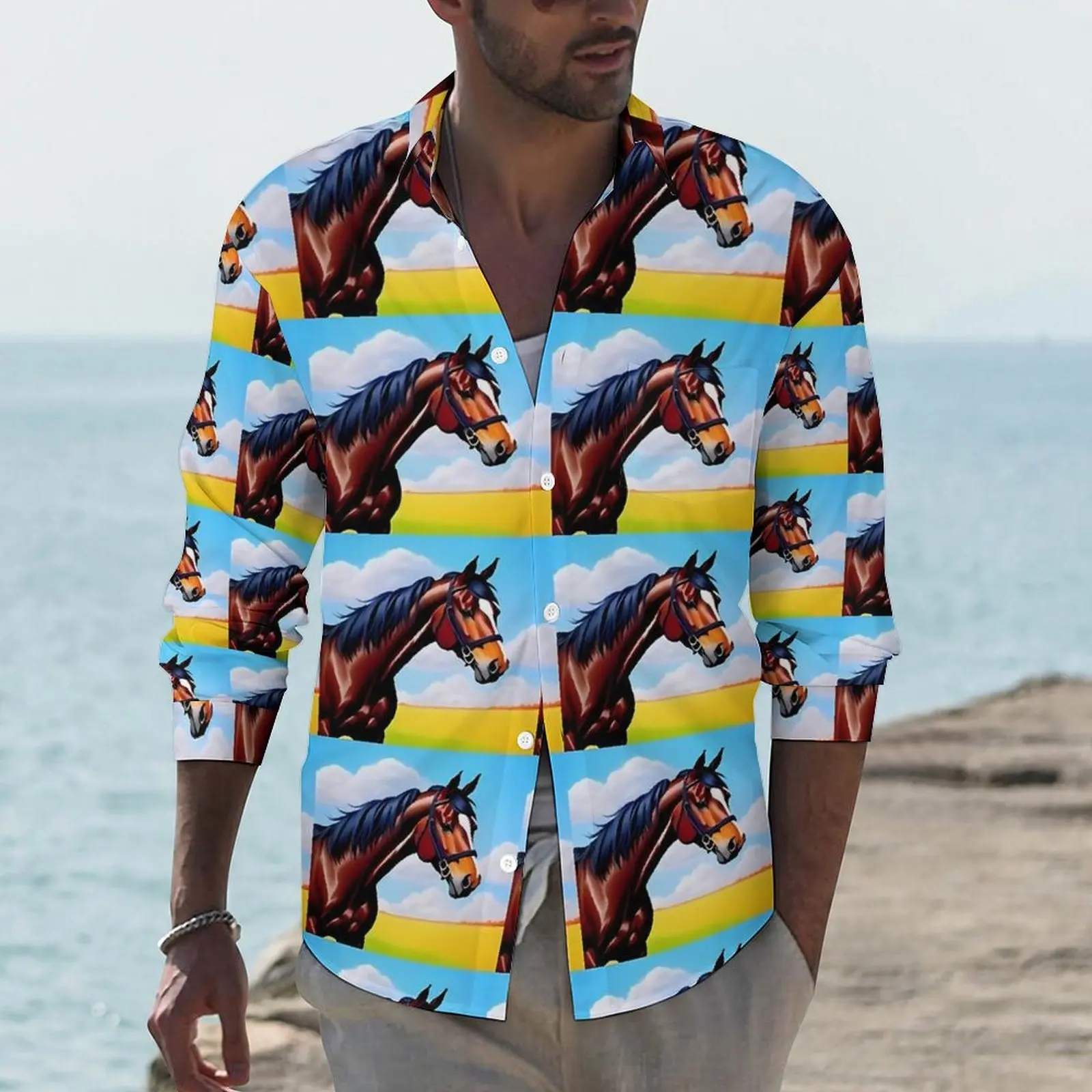 Funny Horse Shirt Animal Print Casual Shirts Long Sleeve Design Y2K Blouses Spring Vintage Oversize Clothing