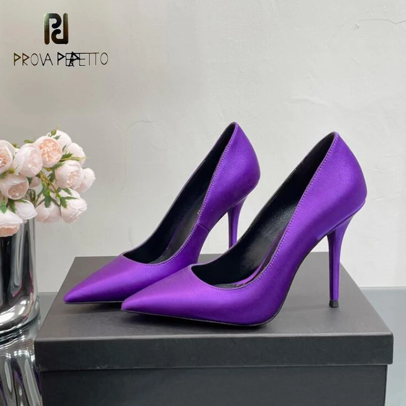 Real Silk Lady\'s High Heel Pumps Shoes Purple Blue Pointed Toe Slip on Simple Style Geunine Leather Dress Shoes Thin Heel Shoe