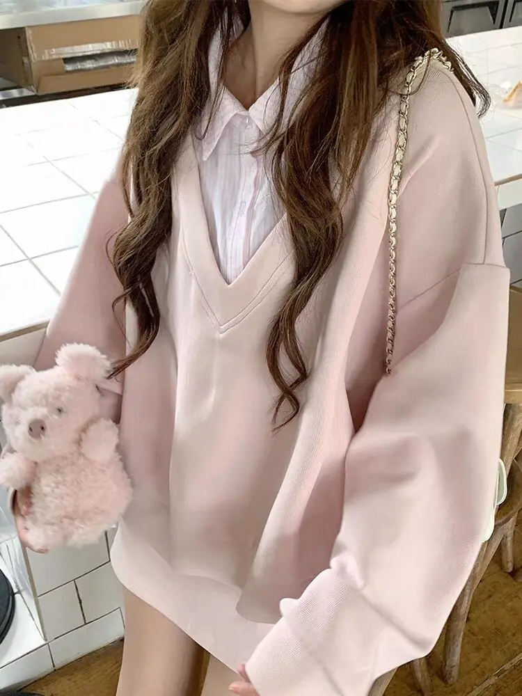Pink Layered Collar Sweatshirt for Women Fall 2026 New Design Loose Fit Relaxed Korean Style Unique Tops