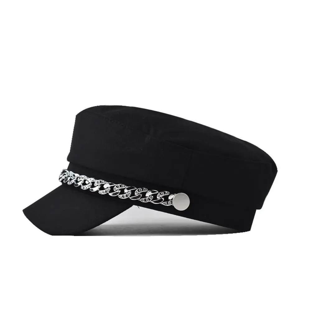 Elegant Rhinestone Chain Decor Newsboy Cap Short Brim Vintage Twill Fabric Beret Hat Flat Top Baker Boy Hat Daily Street Wear