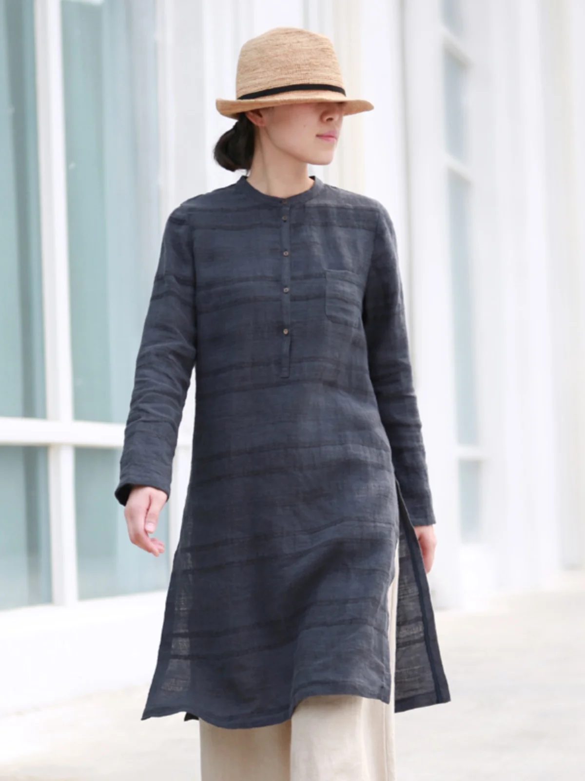 

Spring 2026 Women's Long Linen irt Slim Fit Striped Pattern Small Stand Collar Traditional Commute Sle Long Sve Top