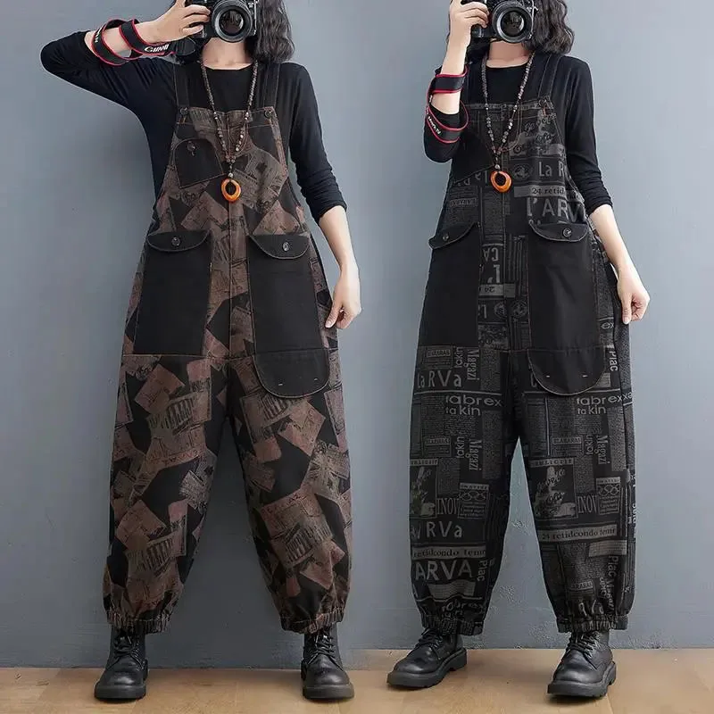 New Autumn Winter Women's Denim Jumpsuits, Loose Printed Overalls, Retro Fashion Female Casua Shoulder Straps Denim Trousers