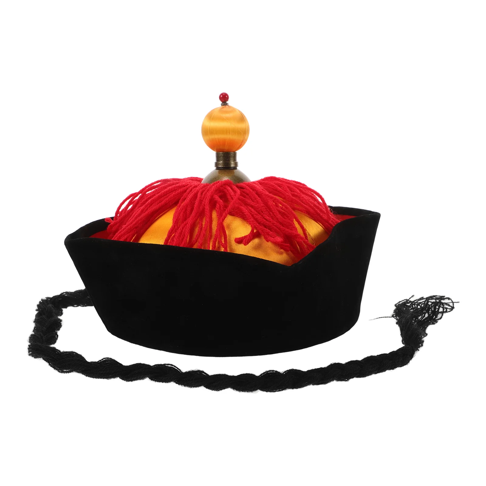 Hanfu Hat Mandarin with Ponytail Black Outfit Performance Props Emperor Braids Woolen Chinese Costume Halloween