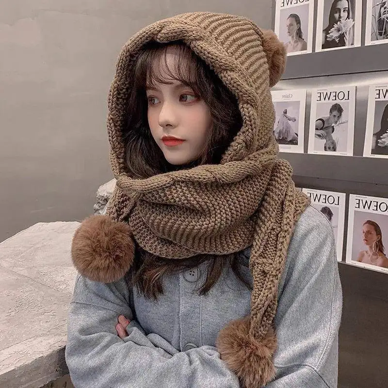 طقم وشاح قبعة شتوية للسيدات - قبعة صغيرة من الصوف الحراري بالاكلافا، طقم منسوج من قطعة واحدة مع وشاح مرفق للبرد الشديد #5