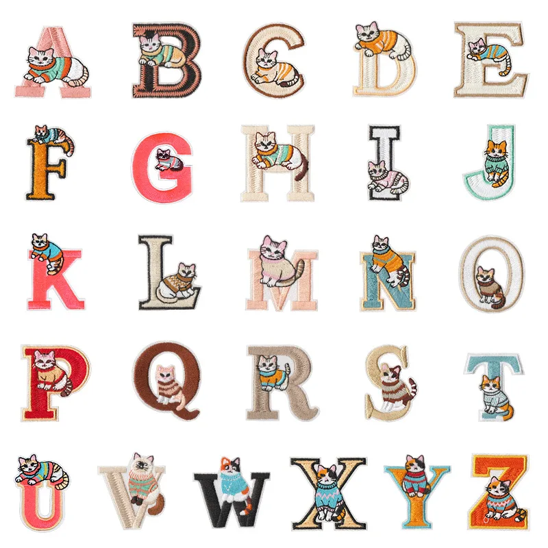 

26 Letters Cartoon Cat Embroidery Patch DIY T-shirt Backpack Hat Iron on Patches Applique Sticker Sewing Craft Decor Repair