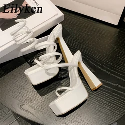 Eilyken New Summer Open Toe Square High Heels Sandals Women Solid Platform Ankle Strappy Nightclub Banquet Female Shoes