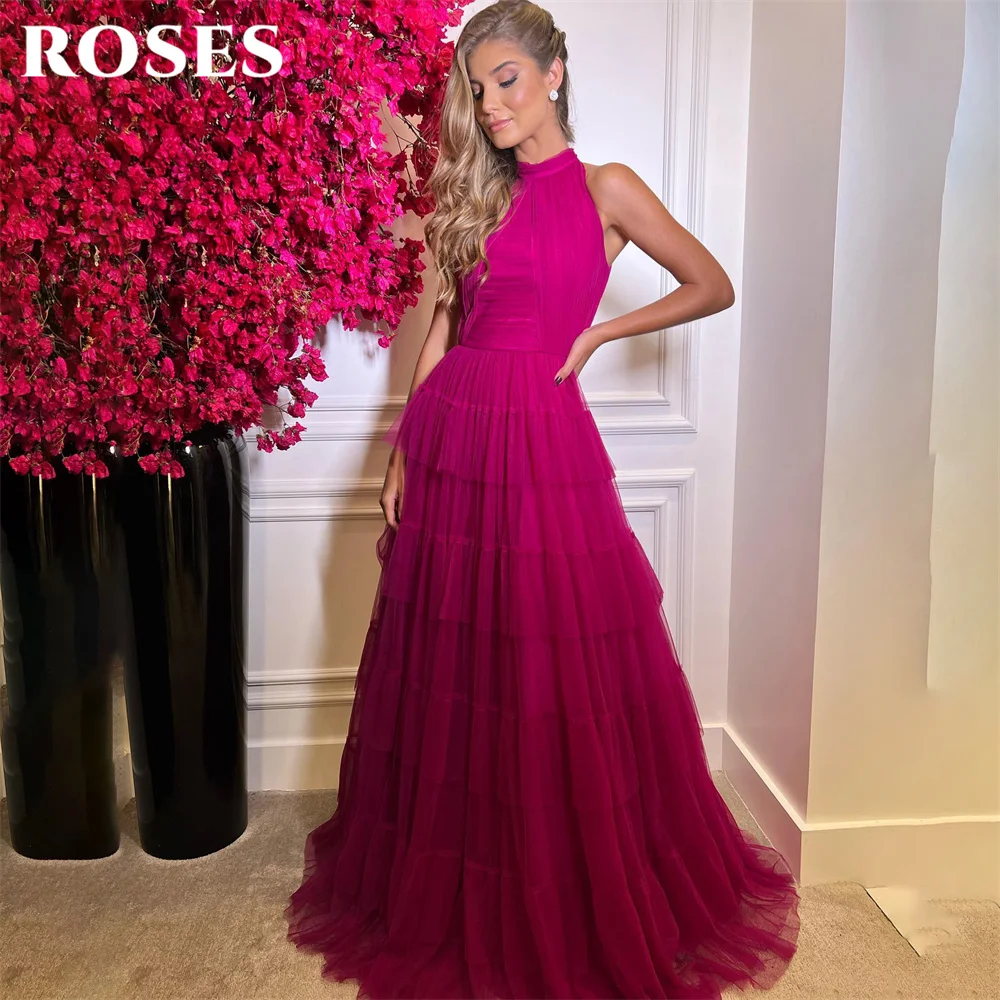 

ROSES Fuchsia Halter Evening Dress A Line Pleat Charming Prom Dress Sweep Train Tiered Sleeveless Party Dress vestidos de noche