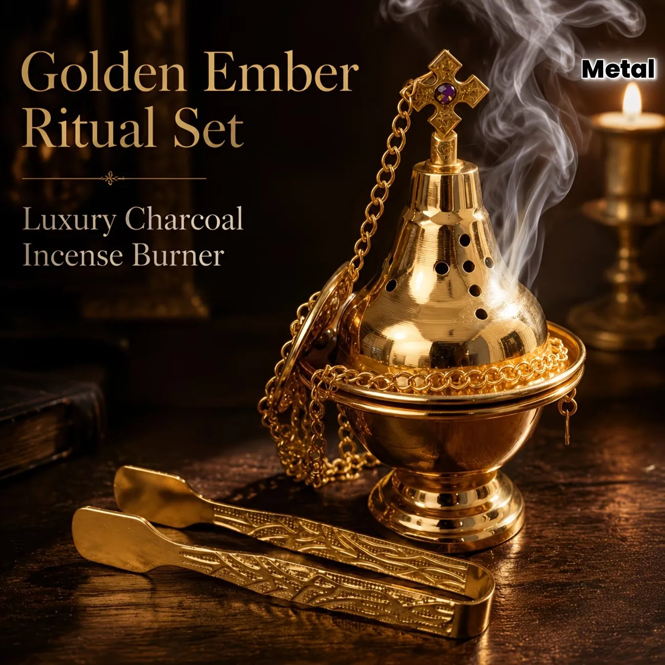 Vintage Metall-Räuchergefäß-Set, mit Goldenem Kohleklammer, Hängendes Kohle-Räuchergefäß, Geeignet für Meditation, Gebet, Yoga-Raum und Spirituelle Dekoration – Detail 1