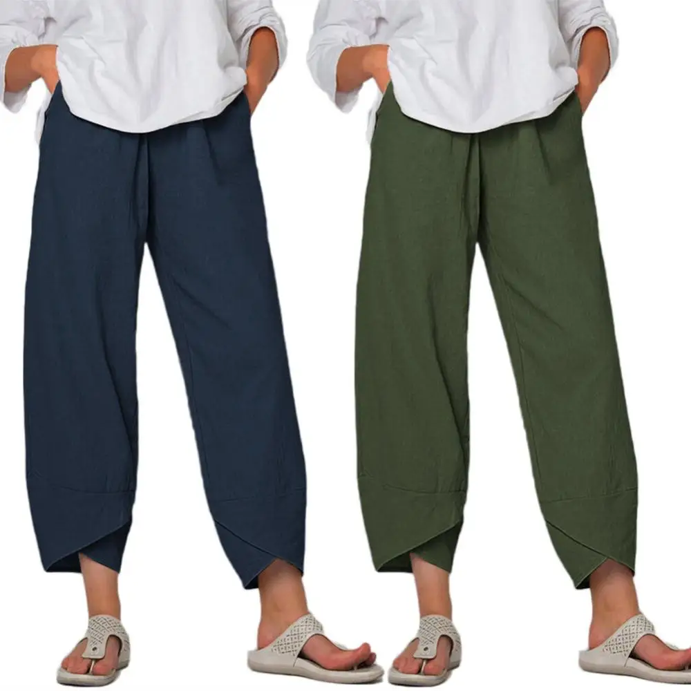 Celana Harem katun Linen wanita celana panjang kaki lebar cetak Vintage celana Harajuku saku polos kasual Celana Jogger longgar pinggang tinggi