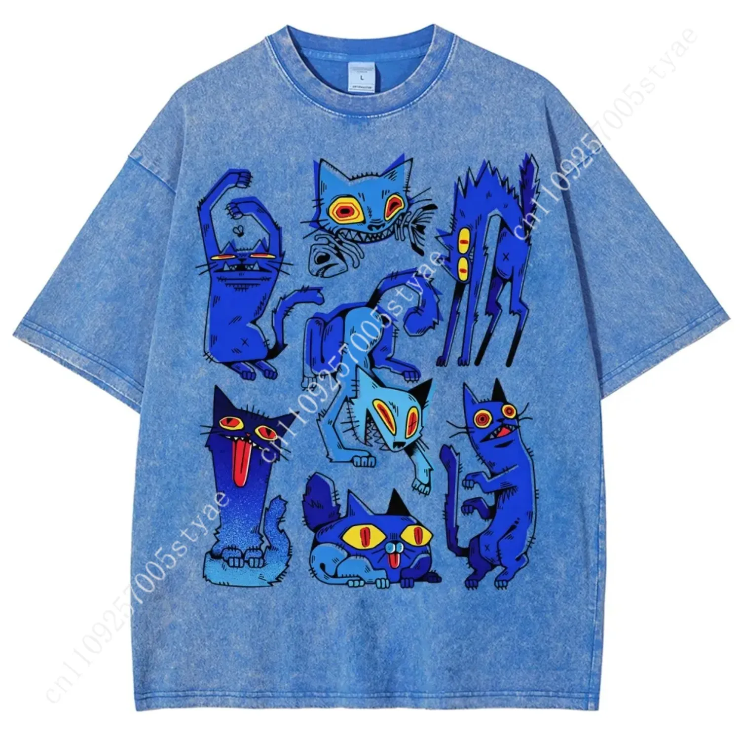 Retro Grunge Blue Crazy Cats Aesthetic T-Shirt, Vintage Washed Tee, Edgy Weird Cat Graphic Shirt, Gift For Alt Cat Lovers
