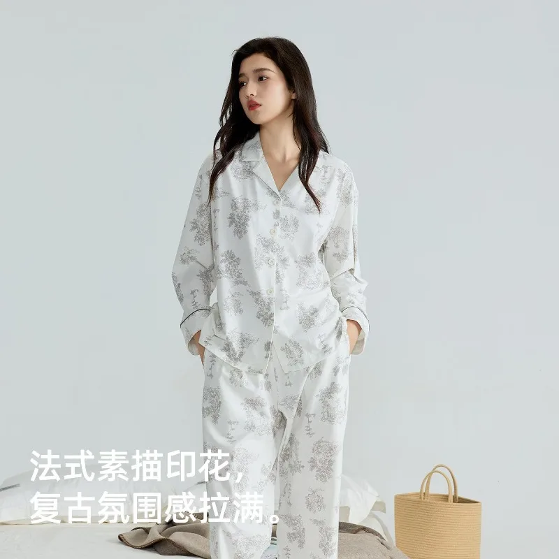 Class A Pure Cotton Women's Pajamas Double Length Print Skin Friendly Antibacterial Breathable Loungewear Suitable Outdoor Wear