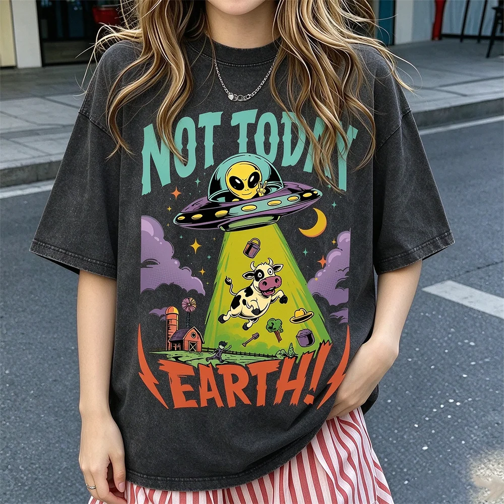 Not Today Earth Alien UFO Cow Graphic T-shirt Unisex Vintage Washed Short Sleeve O-neck Cotton Tee Retro Cartoon Streetwear Tops