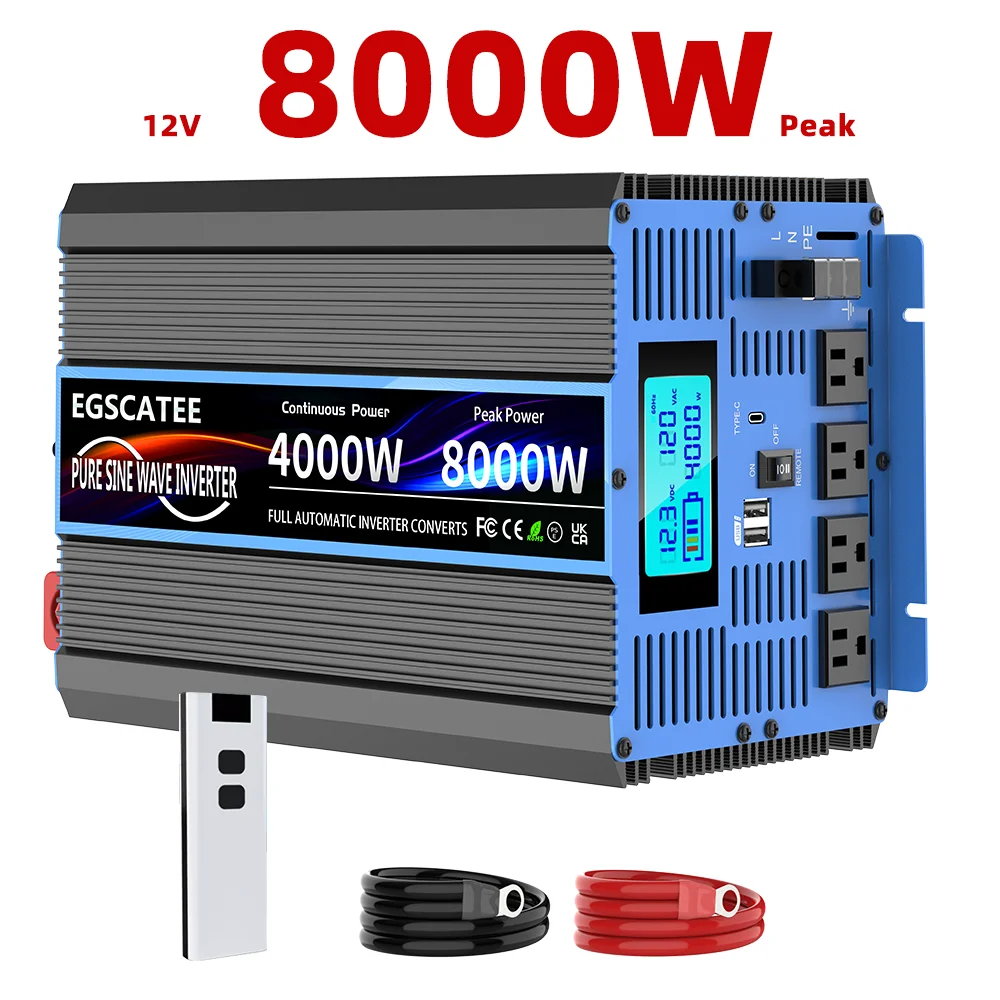 4000W Power Inverter 12V DC to 110V/120V AC Converter, 8000W Peak RV Use LCD Display & Wireless Remote Control, 4 AC Outlets，18W USB-C Port for RV, Truck, Solar System, Emergency Backup, Camping,Off-Grid
