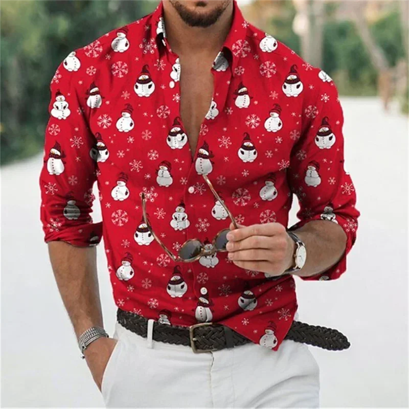 

2024 Cool New Christmas Snowman Theme Men's Dress Shirt 3D Printing Casual Long Sleeve Street Wear Men's Elegant Dress Shirts