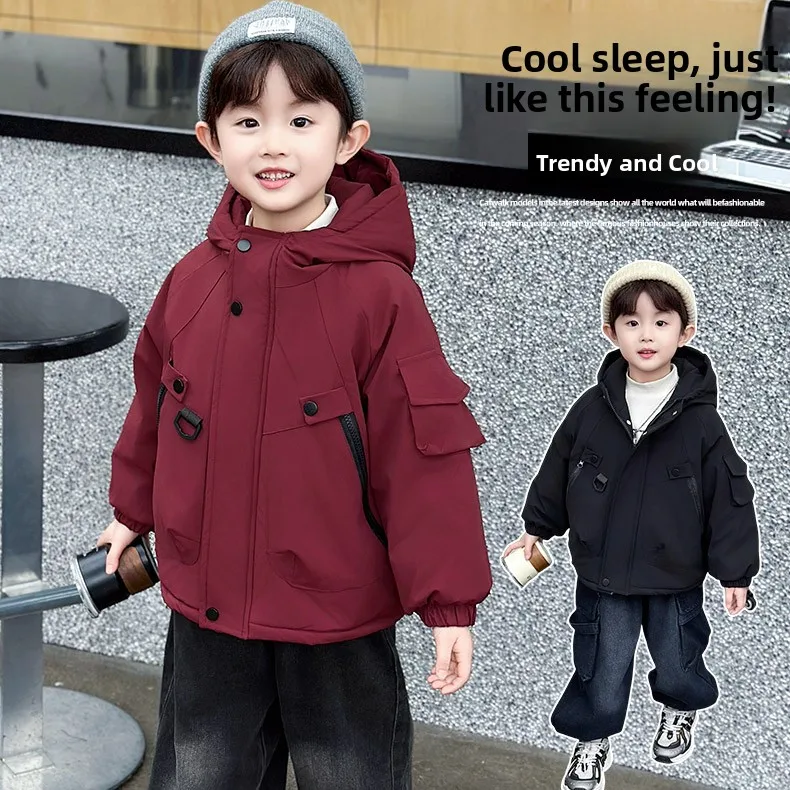 

Утепленная флисовая рабочая куртка с капюшоном для мальчиков: сохранение тепла, осень-зима, хлопковая подкладка, стандартный крой, повседневный стиль