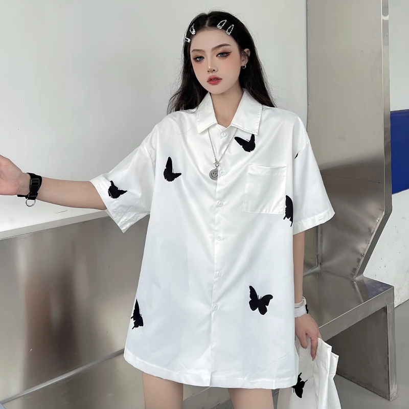 

Harajuku Detachable Sleeve Shirts Women Men Spring Summer New Loose Butterfly Printed Button Down Blouses Tops Two Wear