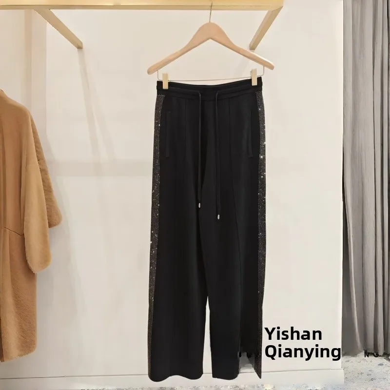 

Модные вязаные широкие повседневные брюки с двусторонними полосками со стразами и эластичной резинкой на талии для женщин, осень 2023 г.