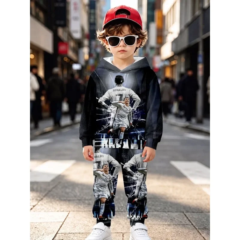 Kids Soft Hoodie Jogger Set, Ronaldo No.7 White Jersey Portrait Breakthrough Print, Boys Football Fan Casual Tracksuit