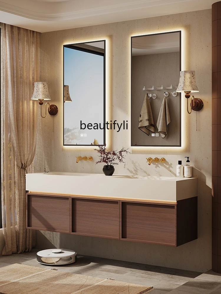 

Medieval walnut bathroom cabinet combination rock slab hot bending integrated double basin, washstand