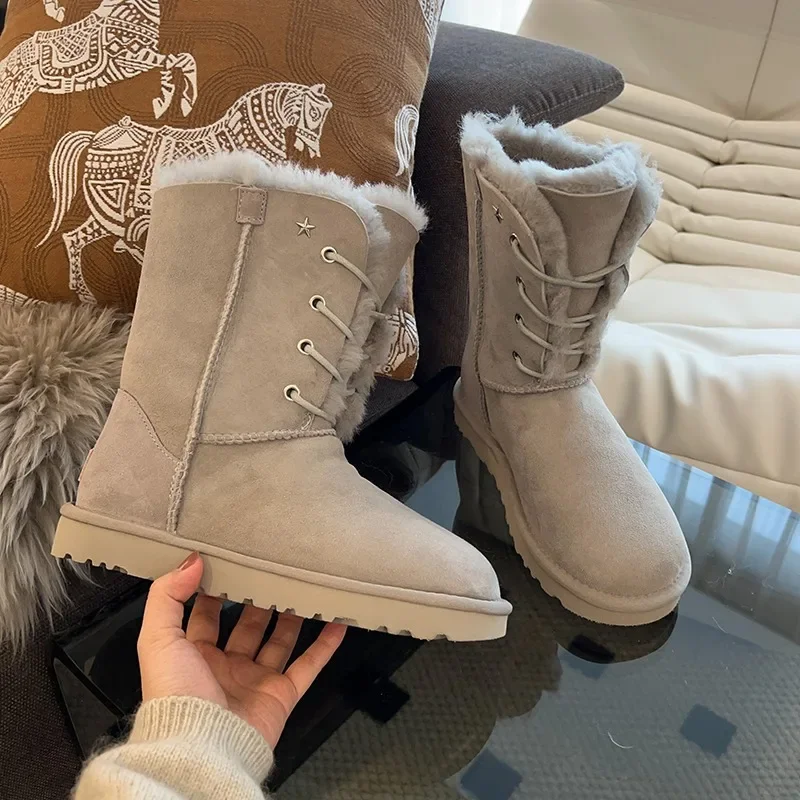 Goddess Australia Snow Boots Women Sheepskin Boots Wool Winter Camel Sheep Fur Warm Flat Mid-calf Lace-up Cotton Shoes