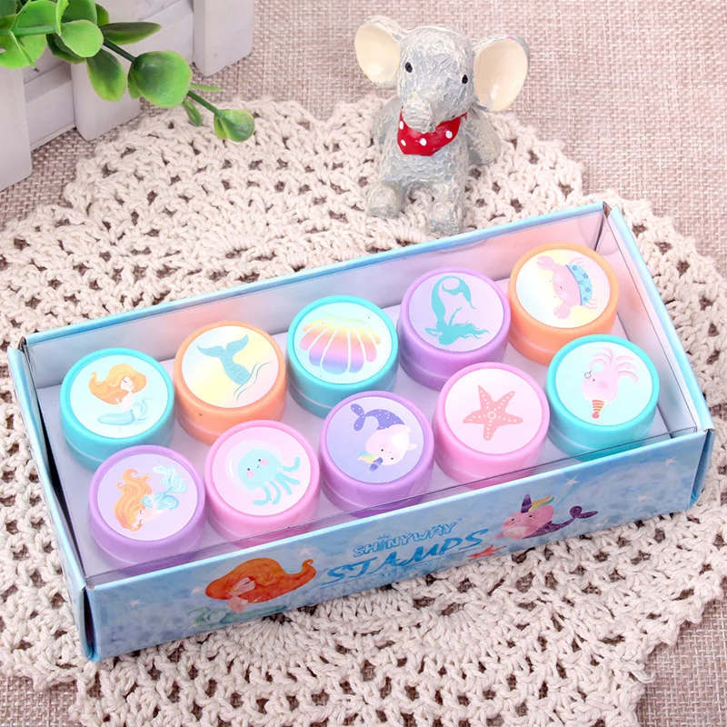 10 Pcs/Box Simple Stamps Toy for Kids Cartoon Animal Self-ink Seal DIY Painting Notebook Decor Gift