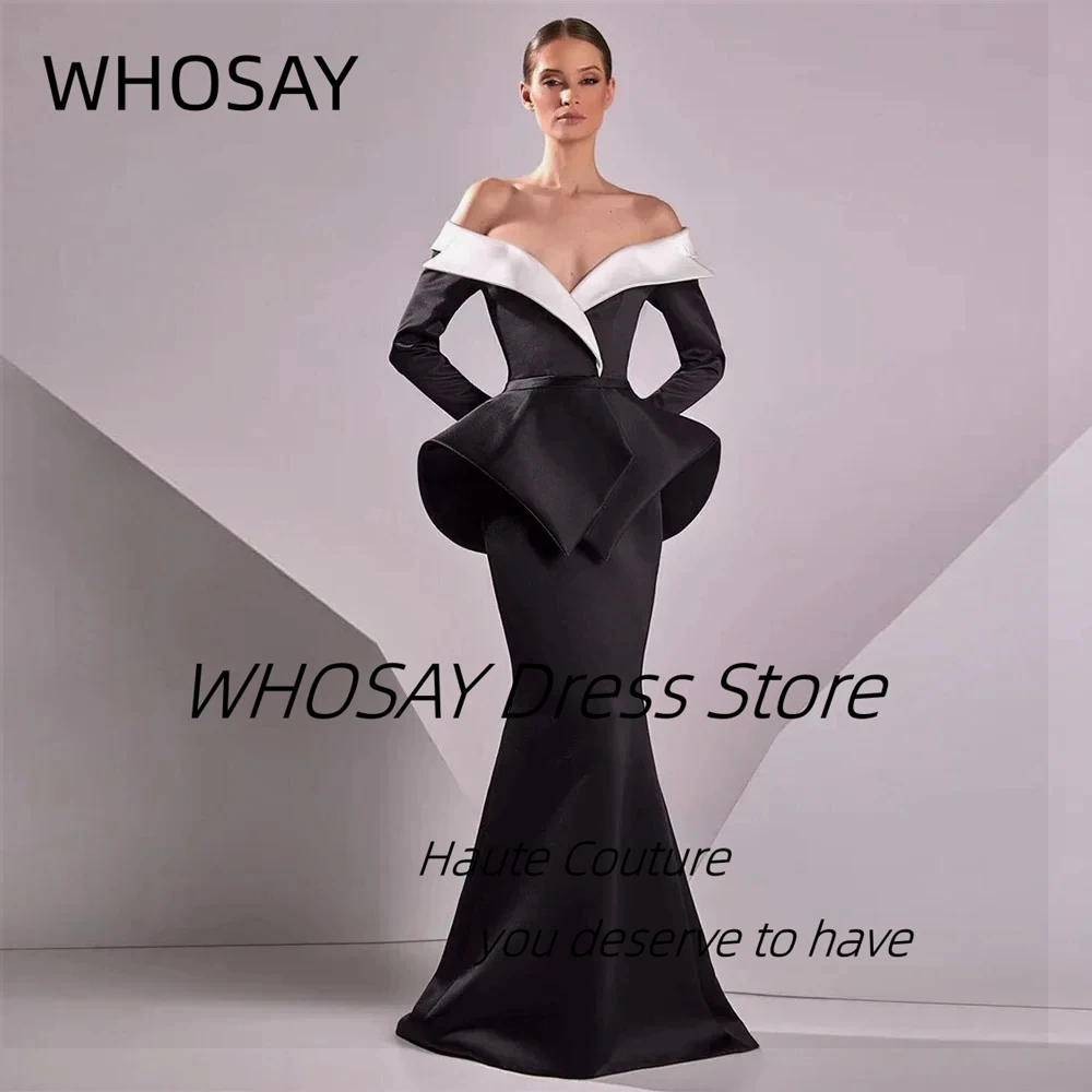 

WHOSAY Black Floor Length Satin Prom Dresses Off Shoulder Long Sleeves Evening Party Dress with Peplum Formal Gowns Customized