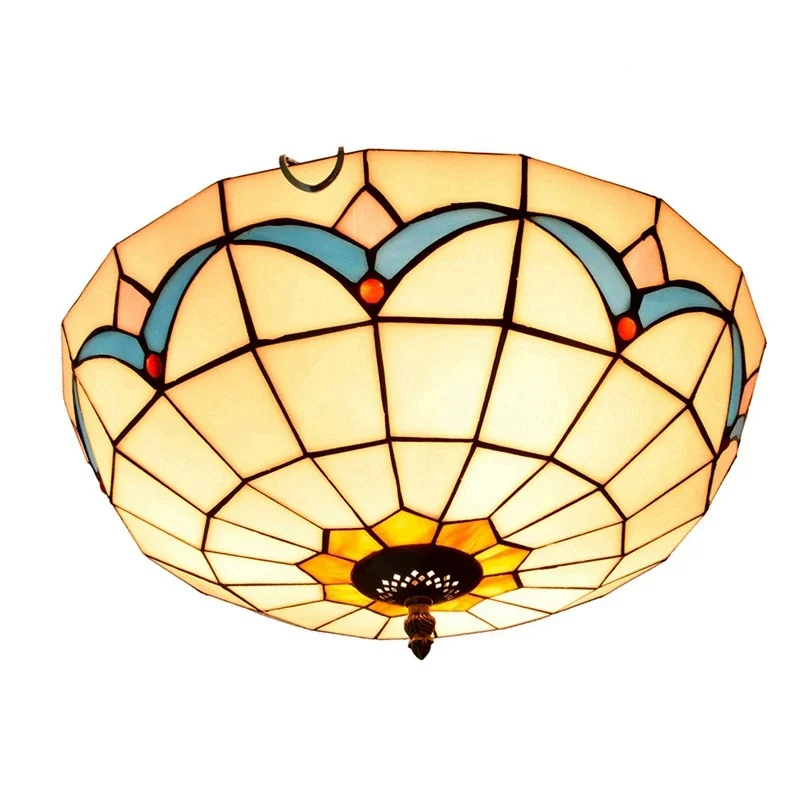 16 Inch Pastoral Tiffany Style Ceiling Light for Living Room Vintage Stained Glass Flush Mount Ceiling Lighting Fixtures Lamps