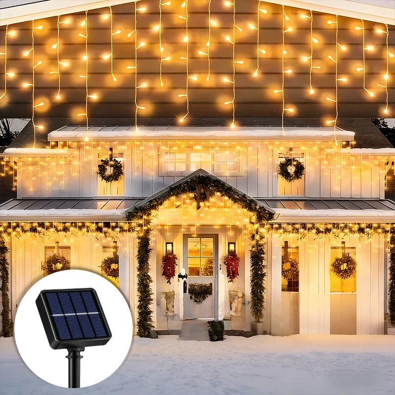 Solar Ice Strip Curtain Lights Outdoor Garden Yard Fence Decoration 8 Modes Twinkle Flashing Steady Light Warm White Holiday