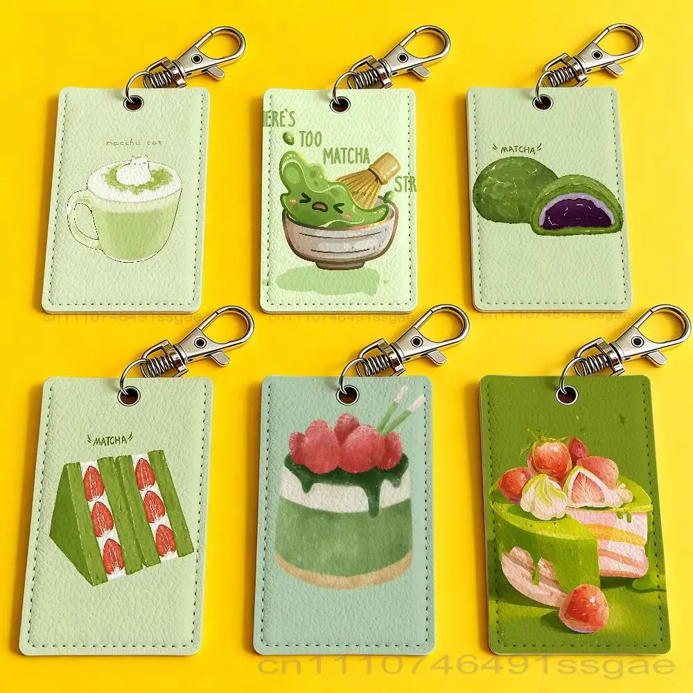 Green INS Style M-Matcha Cake Card Case Leather Card Holder Keychain Key Ring Door Access Tags ID Card Case Keychain