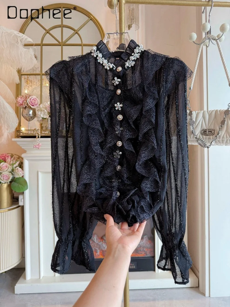 

Spring New Korean Chic Heavy Industry Beaded Rhinestone Suspender Lace Shirt Top Two-piece Set Trendy Celebrity Women's Clothing