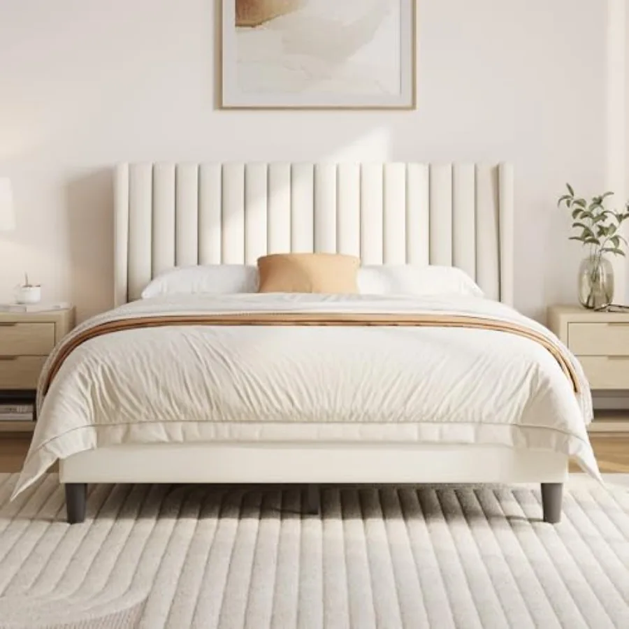 Bed Frame with Headboard, Channel-Tufted Platform for Bedroom, Fabric in Gray, Upholstered with Button Detail and Solid Wood Su