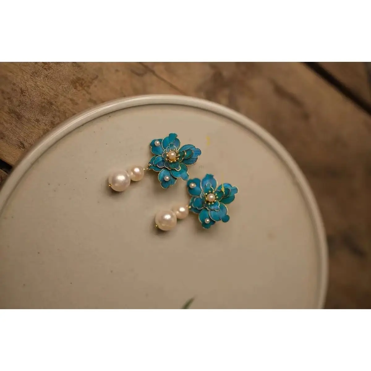 Jingtai Blue Peony Flower Earrings Chinese Vintage Hanfu Classical Style Pearl Earrings Original Design Studs