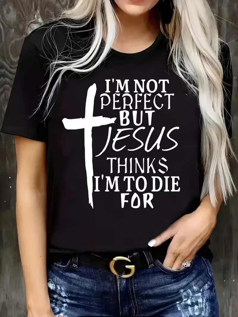 Cross & Letter Print T-Shirt, Casual Short Sleeve Top For Spring & Summer, Women's Clothing