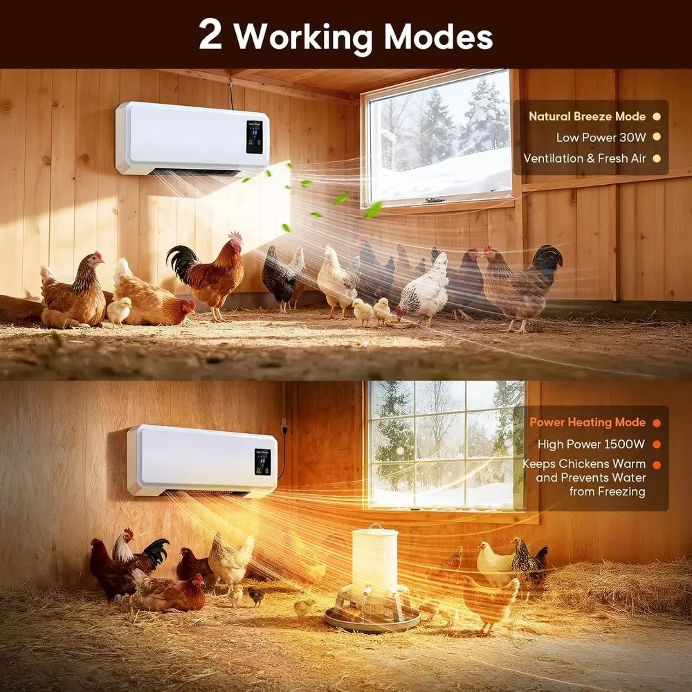 Winter Dual-Mode Chicken Coop Heater: 1500W Wall-Mounted with Timer & Remote, Fast Heating & Large LCD Display for Chickens, Duc