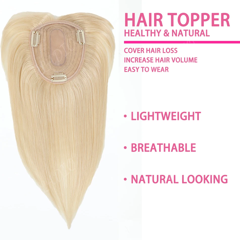 13x12cm10-14 Inch Real Human Hair Toppers Clip In Straight Realistic Breathable Mesh Base Color#613 for Thinning Hair Add Volume